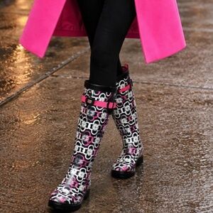 Capelli of New York Black and Pink Graphic Rain Boots